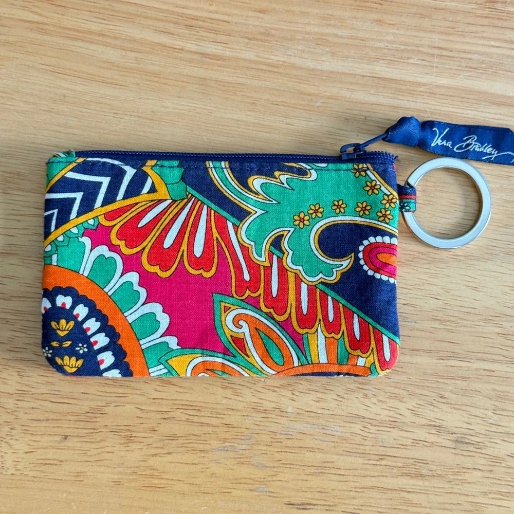 Vera Bradley Zip ID Case Venetian Paisley Keychain Wallet Card Holder Colorful